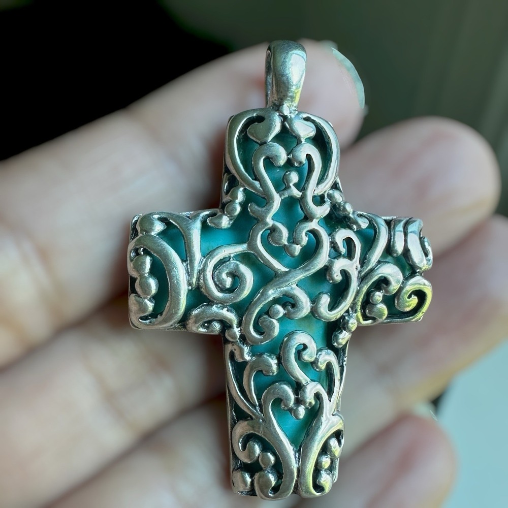 VTG Christian Cross Pendant 1.75 Inch Reversible Faux Turquoise Sterling 10.3g